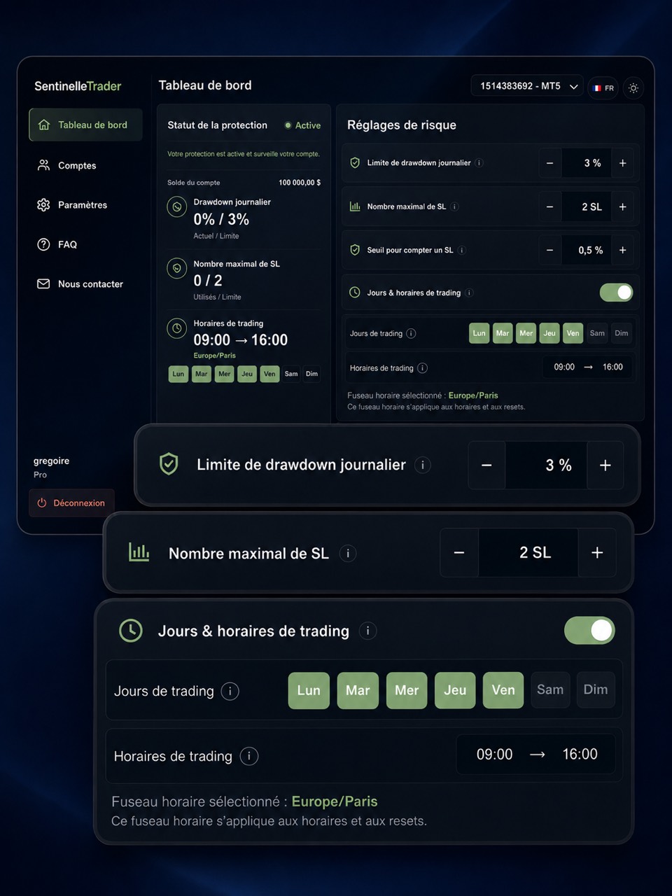 Aperçu de l’interface SentinelleTrader. Les paramètres visibles ne sont pas des recommandations de risque.